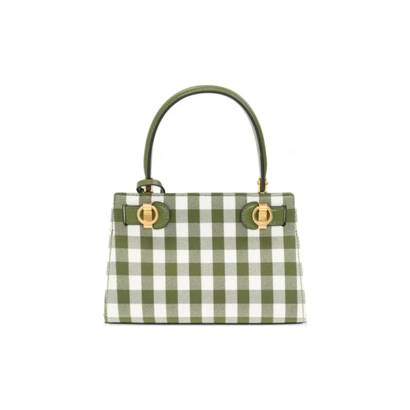 TORY BURCH Lee Radziwill Fabric With Leather Handbag Shoulder Bag Crossbody Bag Mini Women's Olive Green & White-2