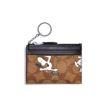 COACH Peanut Collaboration Mini Id Skinny Canvas Leather Wallets Card Holders Mini Women's Khaki Brown