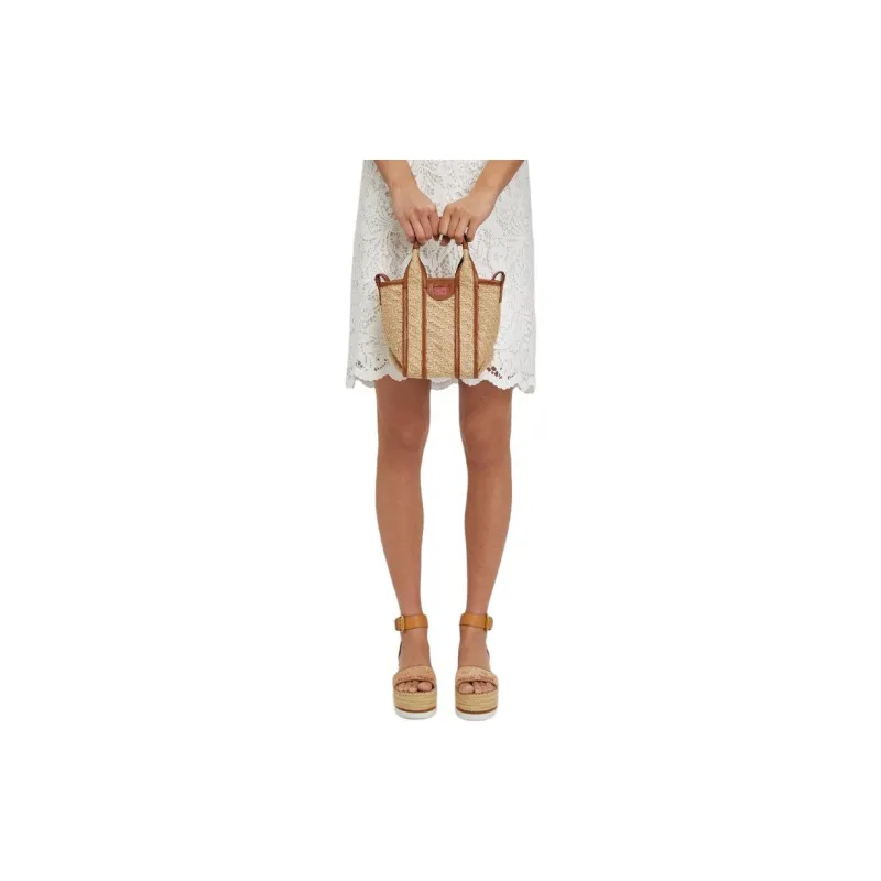 See By Chloe Calfskin & Jute Shoulder Bag, Crossbody Bag, Handbag Women's Beige Patch Material With Chocolate-4