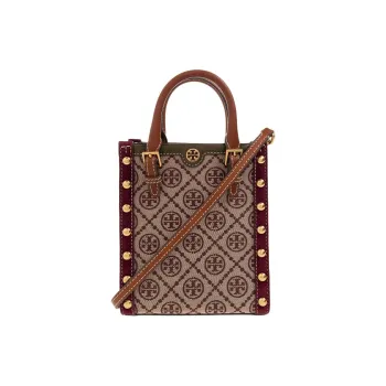 TORY BURCH T Monogram Jacquard Fabric Leather Trim Tote Bag, Shopping Bag, Shoulder Bag, Handbag Mini Women's Deep Red