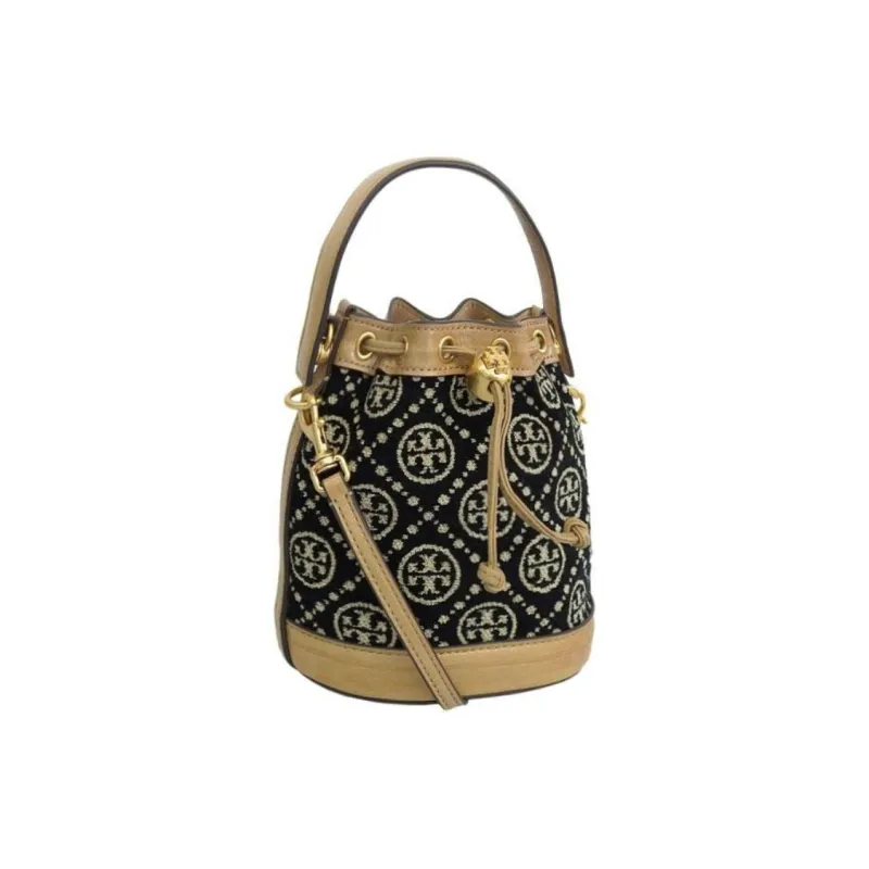 TORY BURCH Chenille Fabric Bucket Bag, Crossbody Handbag Mini Women's Black/Cream Yellow-1
