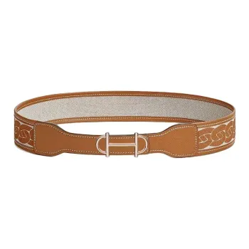 HERMES Metal Rose Gold-Plated Canvas Calfskin Leather Belts Women's Brown Width 2.4CM