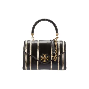 TORY BURCH Kira Leather And Raffia Trim Crossbody Handbags Small Size Women's Black/Natural Beige