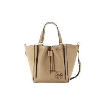 TORY BURCH McGraw Pebbled Leather With Suede Shoulder Bag, Crossbody Bag, Handbag Medium Size Women's Khaki