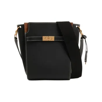 TORY BURCH Lee Radziwill Leather With Suede Trim Bucket Bag, Shoulder Bag, Crossbody Bag Women's Black