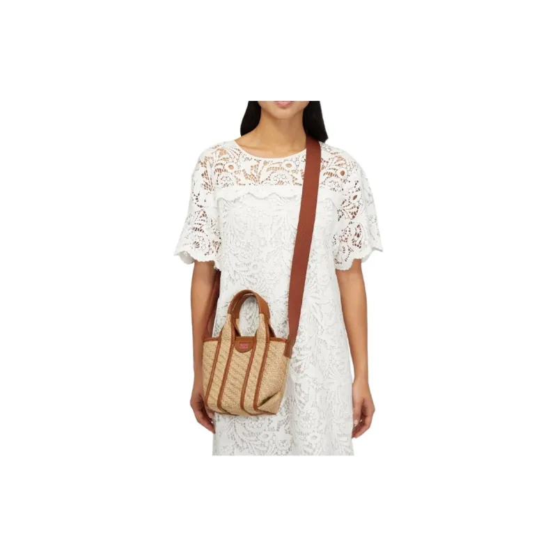 See By Chloe Calfskin & Jute Shoulder Bag, Crossbody Bag, Handbag Women's Beige Patch Material With Chocolate-3