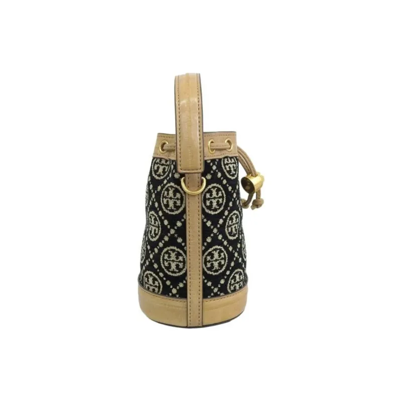 TORY BURCH Chenille Fabric Bucket Bag, Crossbody Handbag Mini Women's Black/Cream Yellow-2