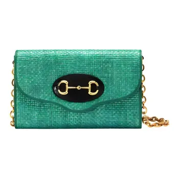 GUCCI Horsebit 1955 Straw Woven With Leather Crossbody Bag, Shoulder Bag Small Size Women's
