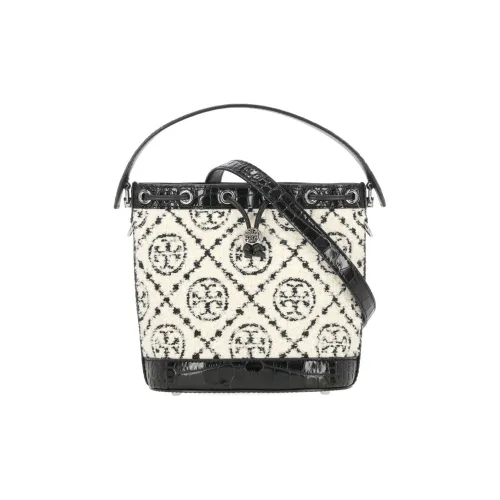 TORY BURCH T Monogram Fabric Leather Bucket Bag Handbag Shoulder Bag Crossbody Bag Women's Black
