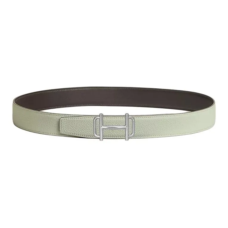 HERMES Palladium-Plated Metal Calfskin Leather Belts Men's Dark Brown Width: 3.2CM-1