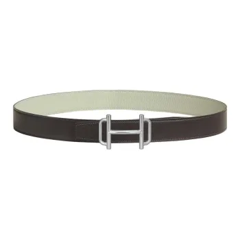 HERMES Palladium-Plated Metal Calfskin Leather Belts Men's Dark Brown Width: 3.2CM