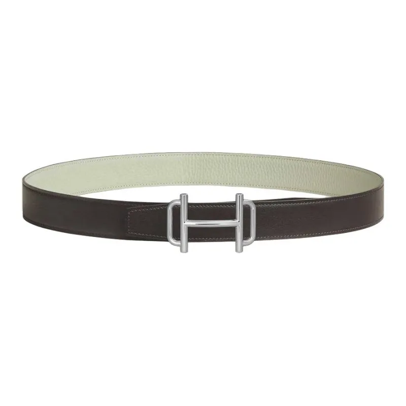 HERMES Palladium-Plated Metal Calfskin Leather Belts Men's Dark Brown Width: 3.2CM-0