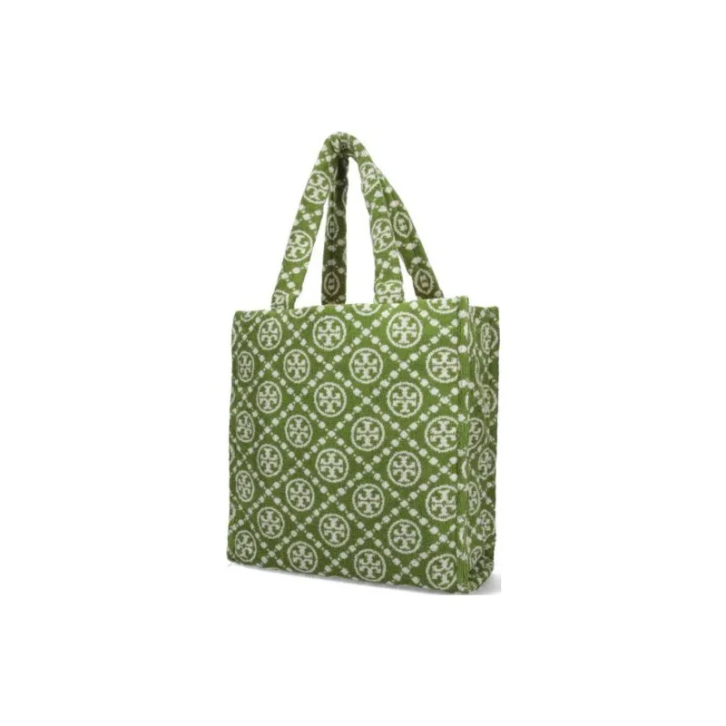 TORY BURCH T Monogram Cotton With Jacquard Tote Bag, Shopping Bag, Handbag, Shoulder Bag Women's Green-3