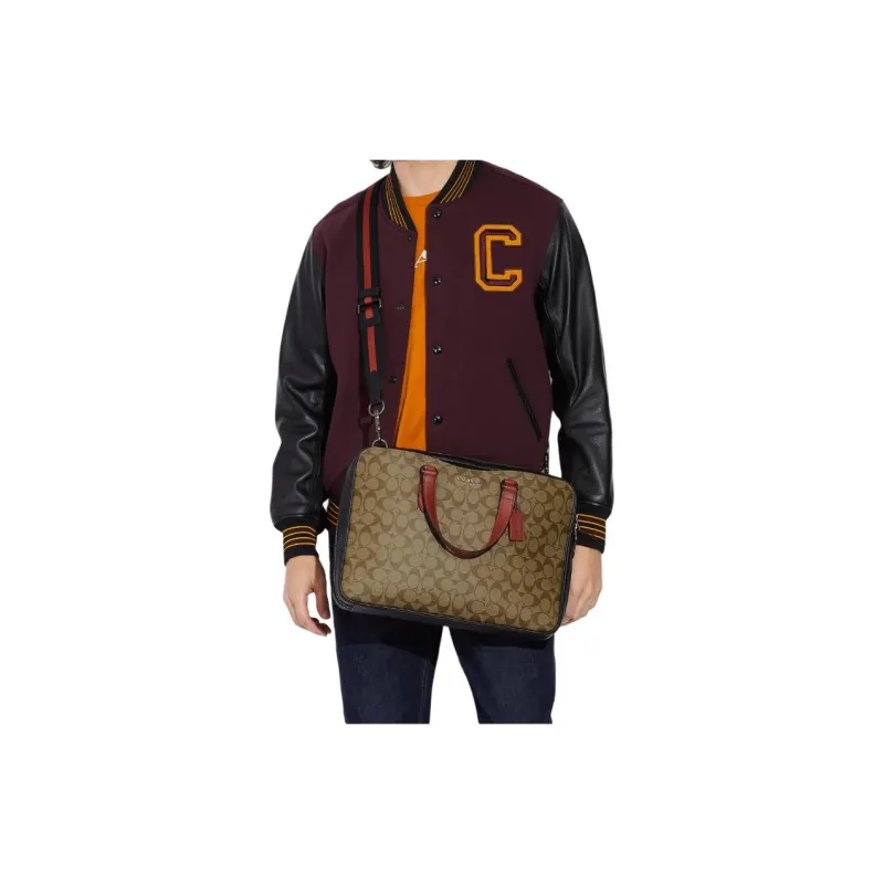 COACH Graham Canvas With Leather Laptop Bag Crossbody Bag Briefcase Large Size Men's Khaki & Orange-3