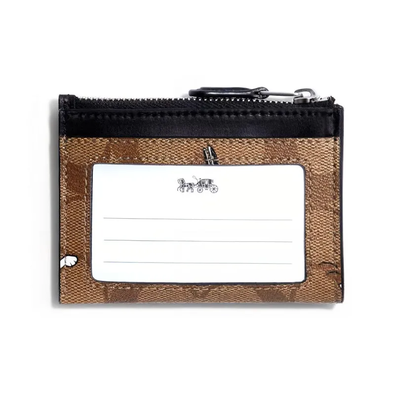 COACH Peanut Collaboration Mini Id Skinny Canvas Leather Wallets Card Holders Mini Women's Khaki Brown-2