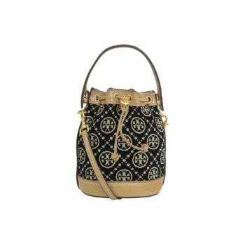 TORY BURCH Chenille Fabric Bucket Bag, Crossbody Handbag Mini Women's Black/Cream Yellow