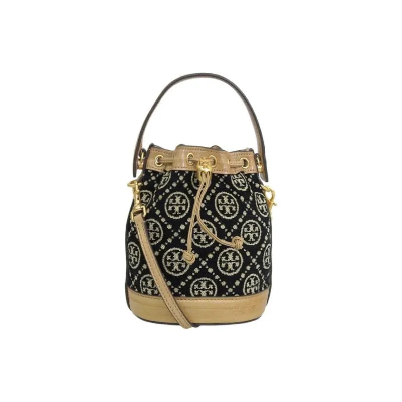 TORY BURCH Chenille Fabric Bucket Bag, Crossbody Handbag Mini Women's Black/Cream Yellow-0