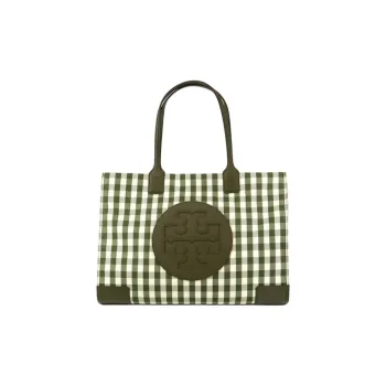 TORY BURCH Ella Canvas With Leather Tote Bag Shopping Bag One Shoulder Portable Large Size Women's Olive Green & White