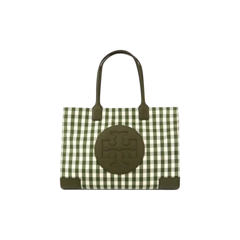 TORY BURCH Ella Canvas With Leather Tote Bag Shopping Bag One Shoulder Portable Large Size Women's Olive Green & White-0