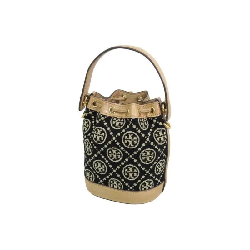 TORY BURCH Chenille Fabric Bucket Bag, Crossbody Handbag Mini Women's Black/Cream Yellow-3