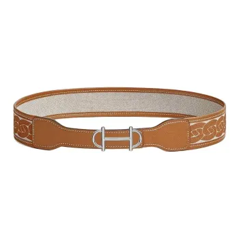 HERMES Calfskin Canvas Palladium-Plated Metal Leather Belts Women's Brown Width 2.4CM