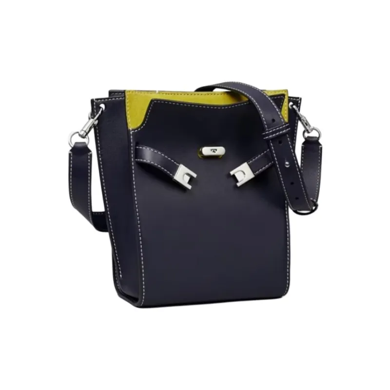 TORY BURCH Lee Radziwill Leather Suede Trim Bucket Bags Shoulder Bag Crossbody Bag Women's Navy-0
