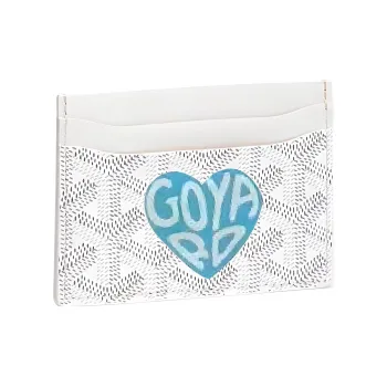 GOYARD Canvas With Calfskin Card Clip Card Holder Unisex White With Light Blue Heart Design