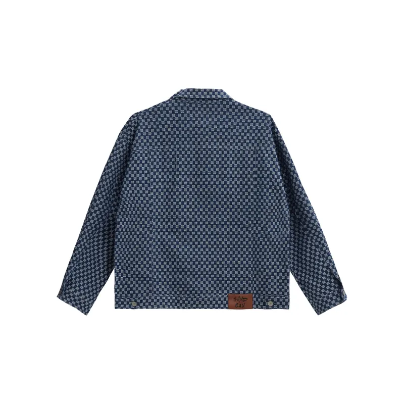 NANDCHN Denim Jacket Unisex Blue White Plaid-1