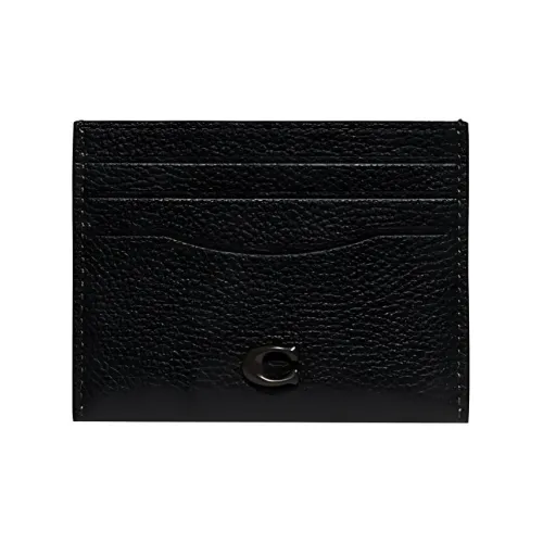 COACH Card Case Polished Pebbled Leather Coin Purse, Card Holder Mini Unisex Black