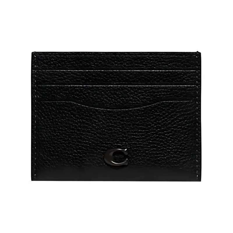 COACH Card Case Polished Pebbled Leather Coin Purse, Card Holder Mini Unisex Black-0