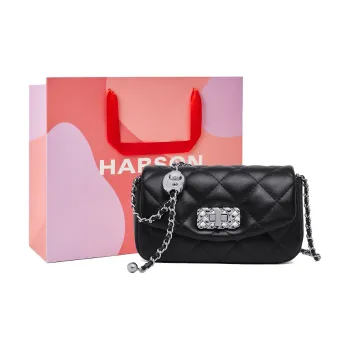 HARSON Cow Leather Diamond Pattern Chain Lightweight Compact Shoulder Bag, Crossbody Bag Medium Size Women's Black