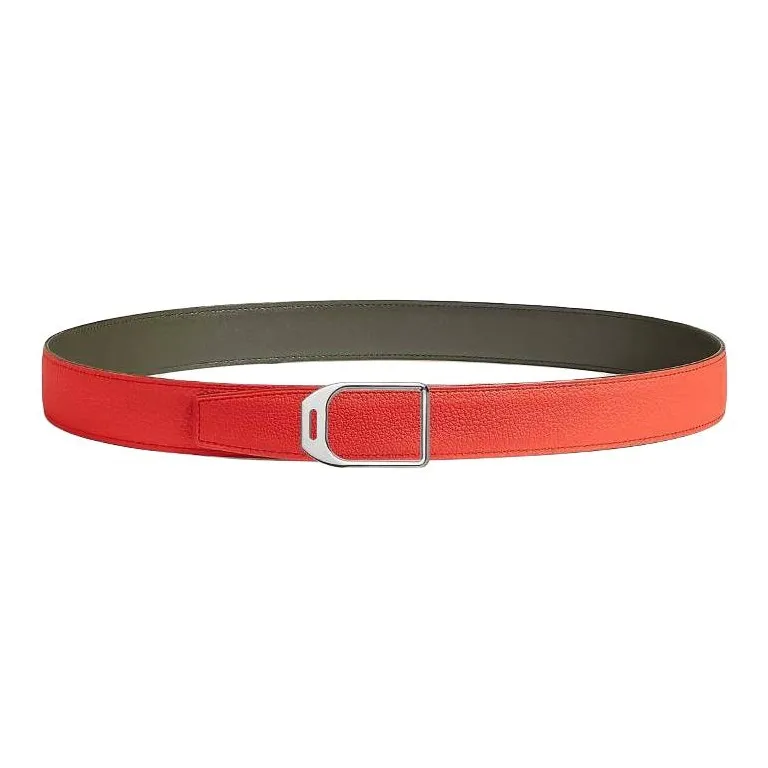 HERMES Calfskin Leather Belts Men's Gray Green Width: 3.2CM-1