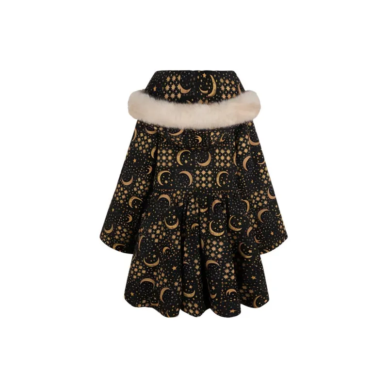 Selkie Collection FW24 Puffer Jacket Women's Black Background Star Moon Checkerboard-1