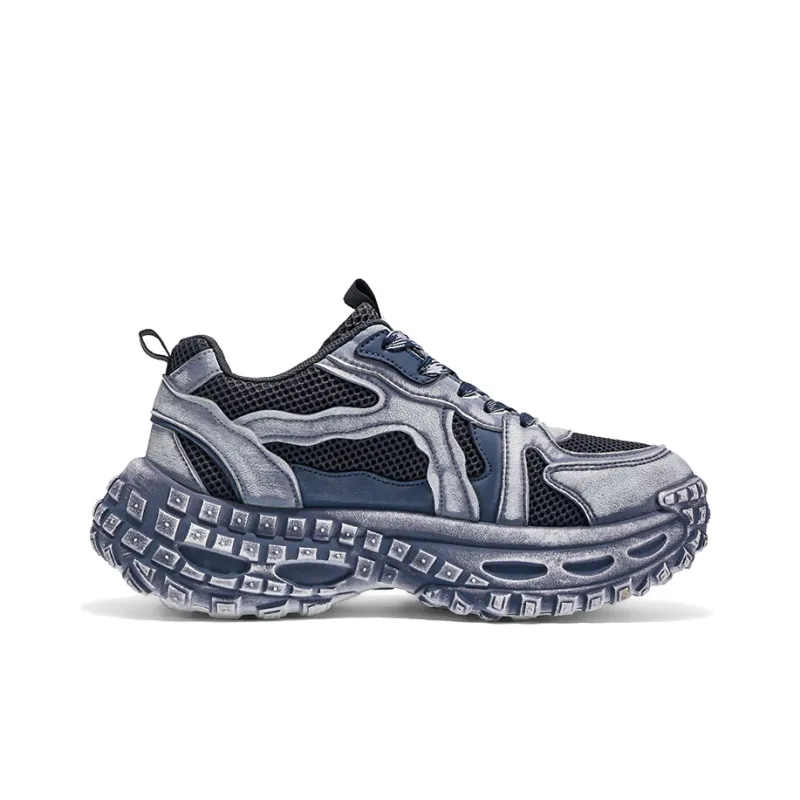 Warrior Height Increasing Wear Resistant Breathable Slip Resistant Low Top Chunky Sneakers Men's Gray Dark Blue-1