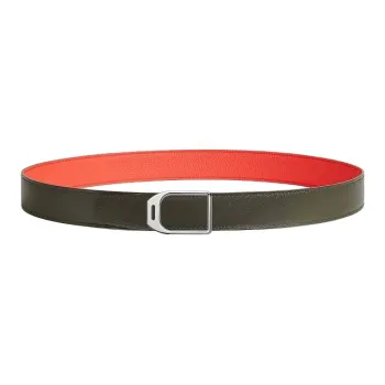 HERMES Calfskin Leather Belts Men's Gray Green Width: 3.2CM