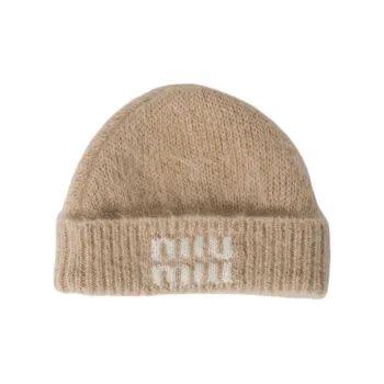 MIU MIU Wool Mohair Fabric Beanies Unisex Brown