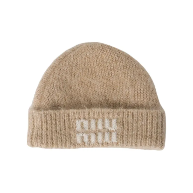 MIU MIU Wool Mohair Fabric Beanies Unisex Brown-0