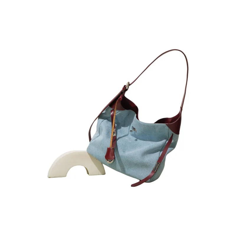 NIUMJ Denim Shoulder Bag Medium Size Women's Blue & Burgundy/Blue & Pink-2