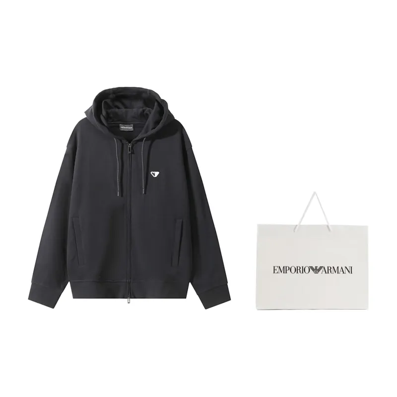 EMPORIO ARMANI FW24 Hooded Zip Closure Sweatshirt Thin Pile Version Men's Black-2