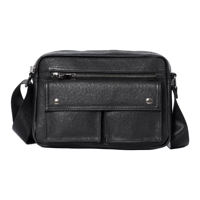 DOSRFINI Cow Leather Shoulder Bag Crossbody Bag Large Size Men's Black-0