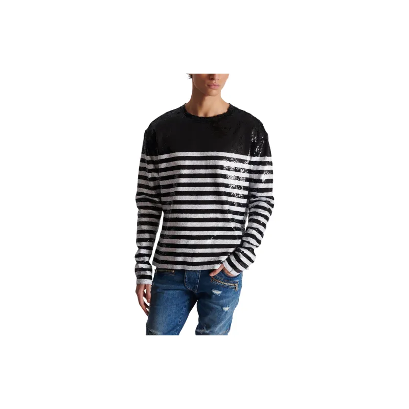 BALMAIN Mariniere Sequin embellished Silk T shirt-5
