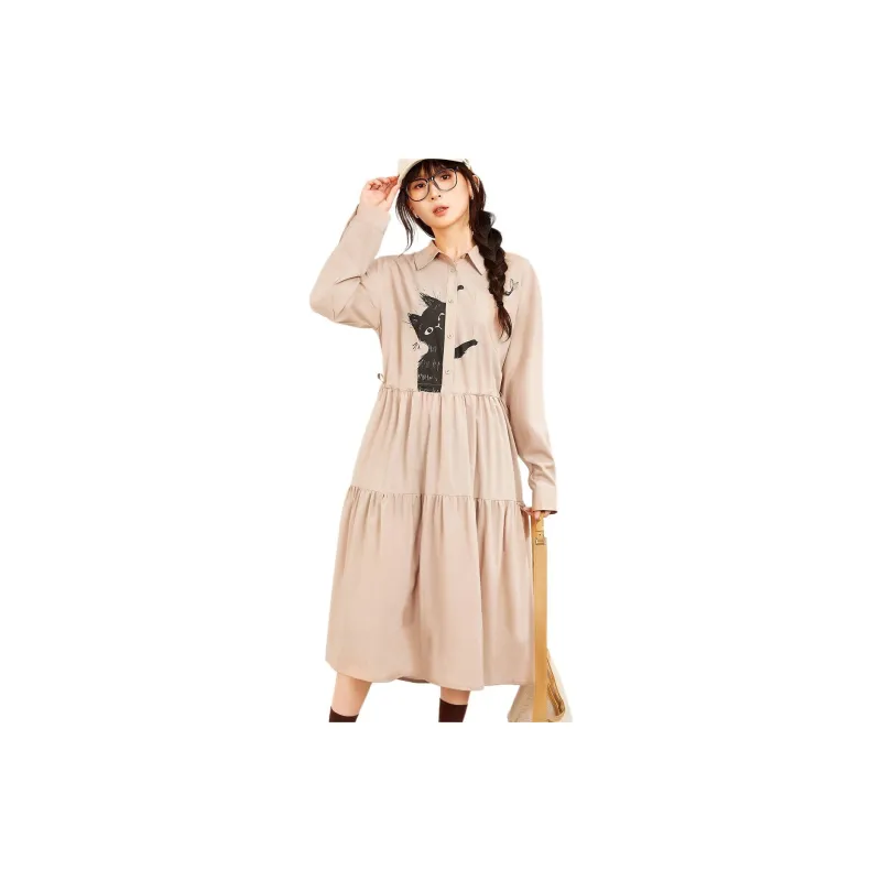 MUGUOGUOMU Long Sleeved Dress Women's Khaki-6