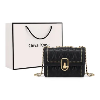 CinvaiKrose Cow Leather With Synthetic Leather Shoulder Bag Medium Size Women's Black/Ecru