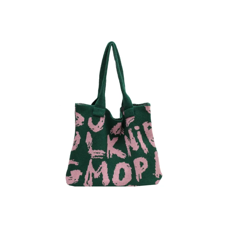 Dusen Kangaroo Knitted Fabric Shoulder Bag Regular Women's Black/Violet/Beige/Pink/Green & White/Green & Pink-29