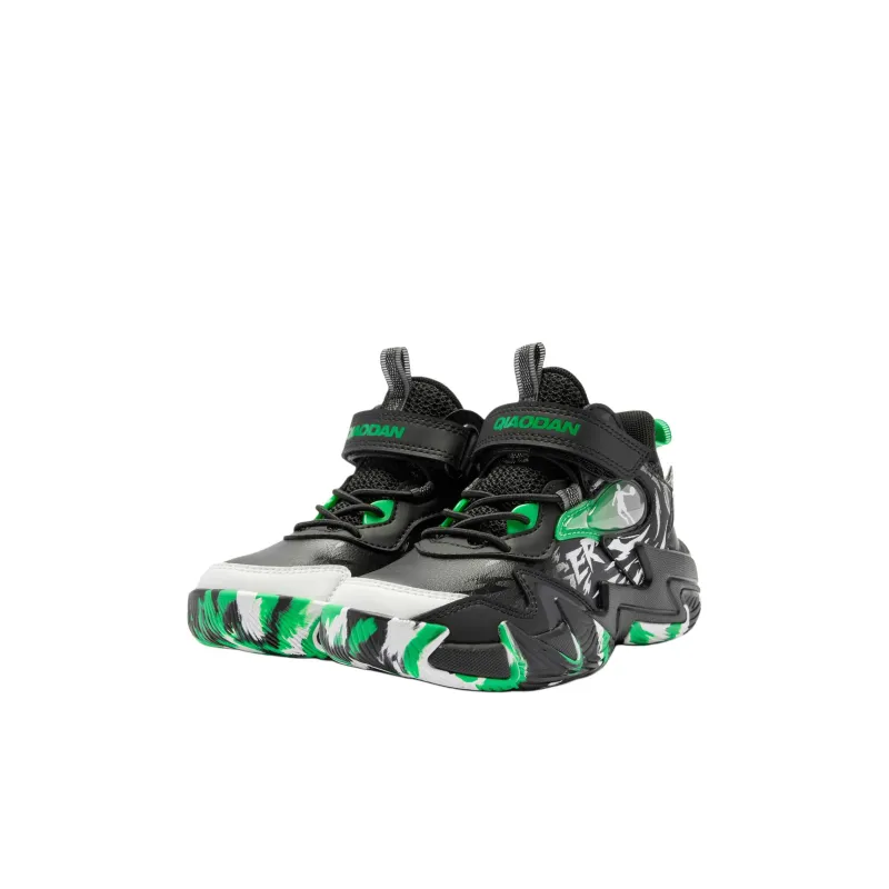 QIAODAN Anti Slip Wear Resistant Mid Top Children's Basketball Shoes Black Green Children Aged 3 7 Years Old-2