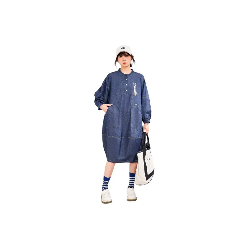 MUGUOGUOMU Long Sleeved Dresses Women's Denim Blue-5