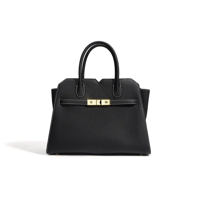 NIUMJ Top Grain Cow Leather Handbag Regular Women's Black/Modern Gray/Amber Gold-0