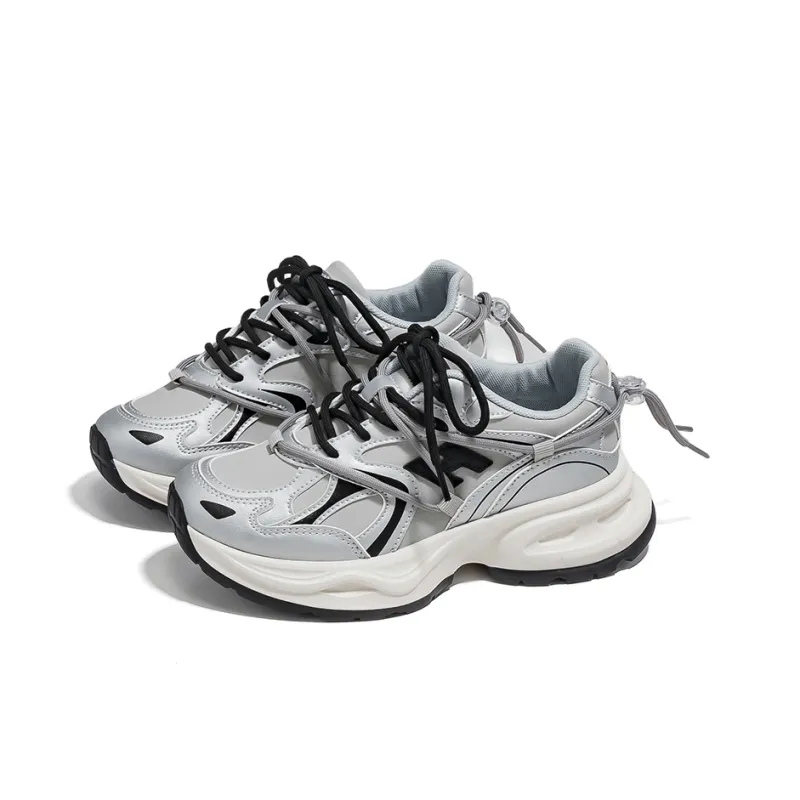 HUANQIU Coverage Support Height Increasing Low Top Chunky Sneakers Women's Silver Black-3