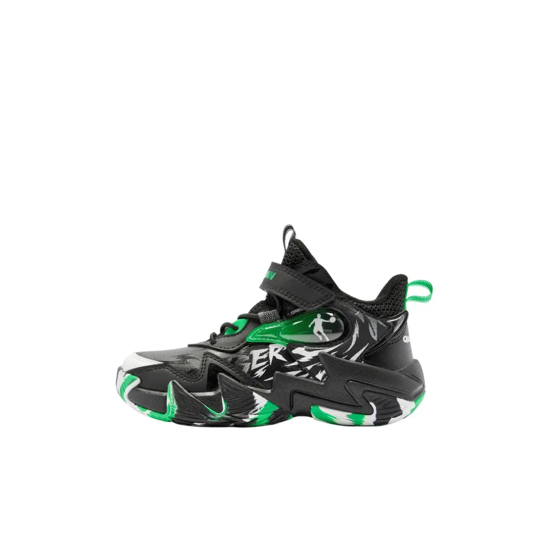 QIAODAN Anti Slip Wear Resistant Mid Top Children's Basketball Shoes Black Green Children Aged 3 7 Years Old-0