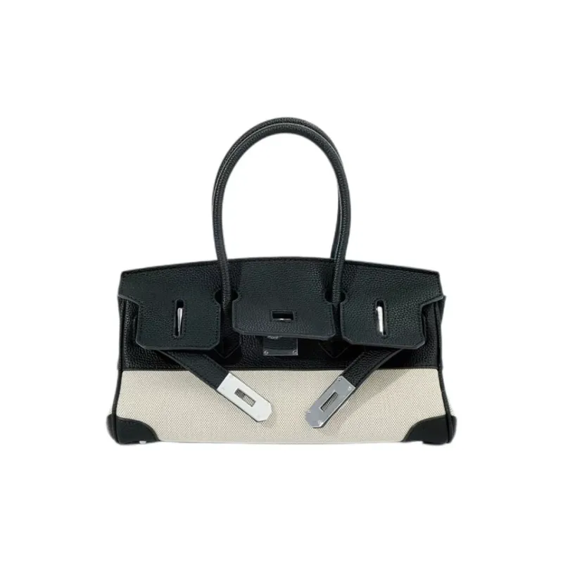 ALOENEY Cowhide Patchwork Canvas One Shoulder Handbags Women's Multicolor-3